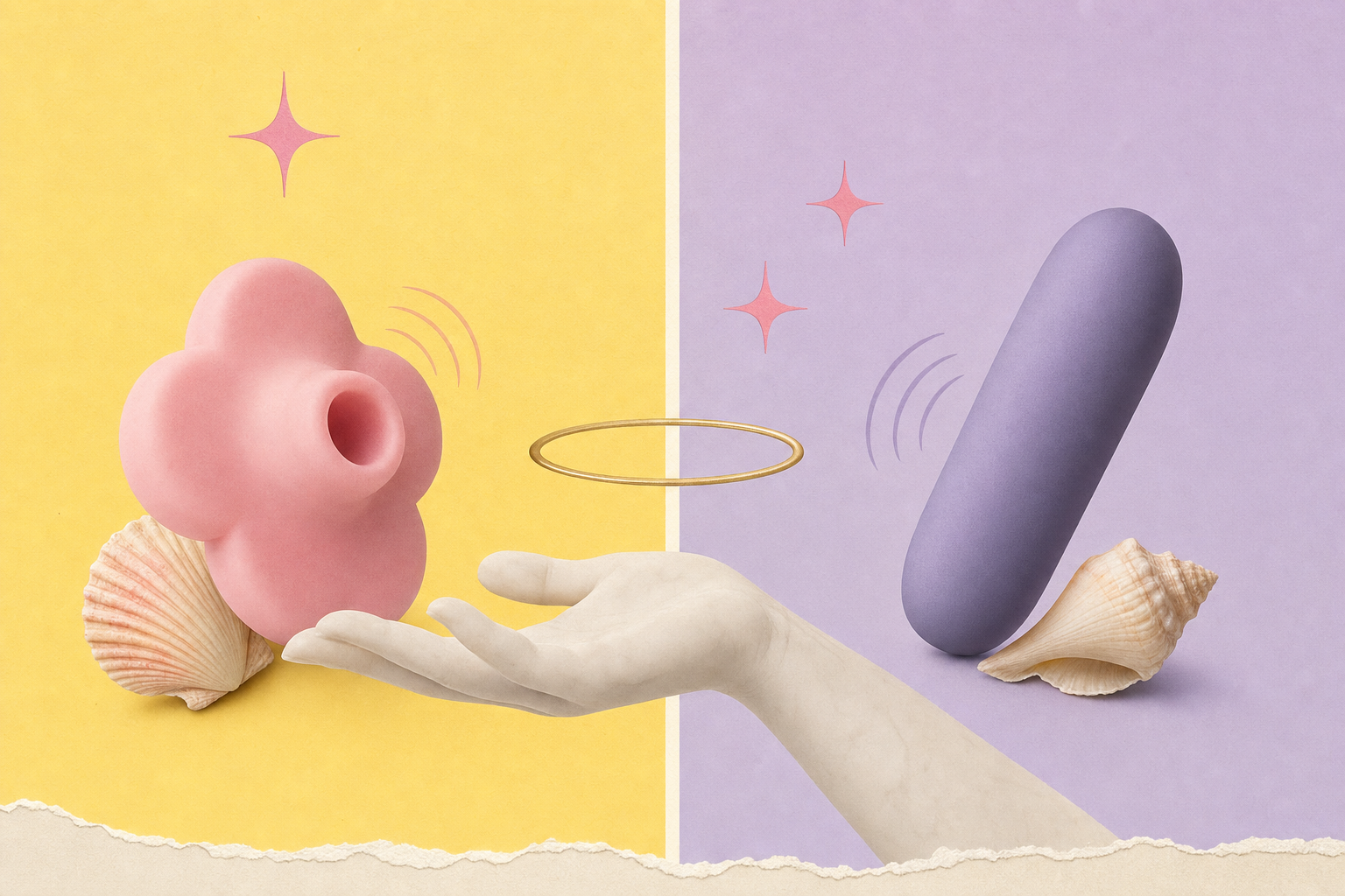 Editorial collage of two abstract toy shapes — a soft pink rounded suction-flower next to a sleek lavender capsule shape — on a pastel butter and lilac gradient with sparkles and a halo ring.