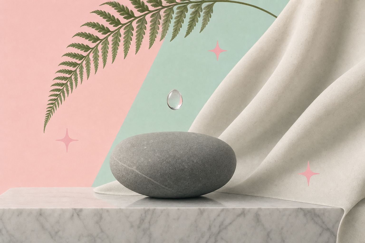Editorial marble-modern collage with a smooth river stone, plaster drapery and a single fern frond.