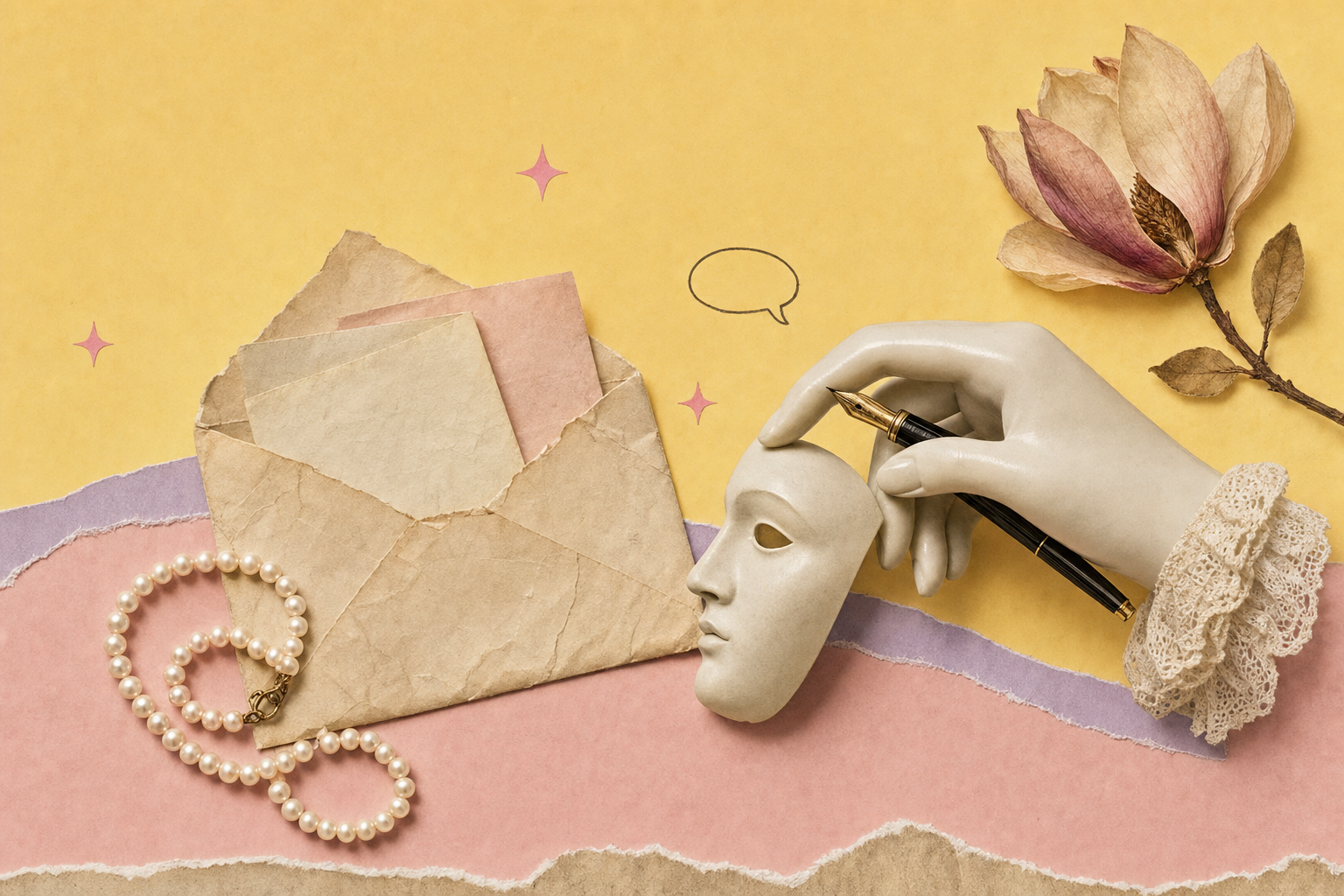 Editorial collage with a vintage handwritten letter envelope, a pearl necklace, a porcelain hand, and a small theater mask on a pastel pink and butter-yellow background — visual metaphor for honest letters about sex.