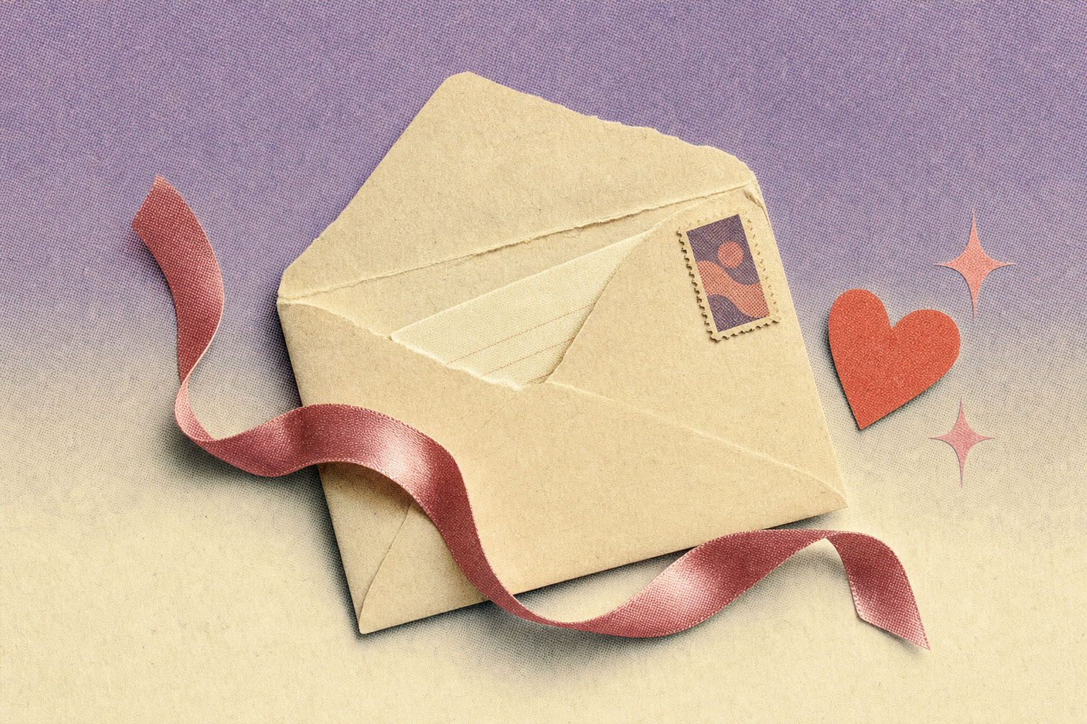 Editorial collage of a partly opened envelope with a small heart cutout and a single curling ribbon, on a soft lavender background.