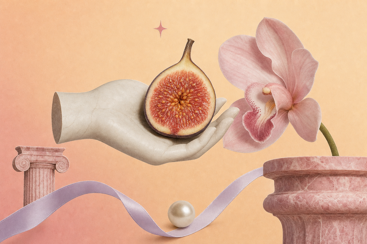 Editorial collage of a faceless porcelain hand cupping a soft fig, a pale orchid, a thin lavender ribbon and a single sparkle on a peach-cream gradient — gentle, non-clinical.