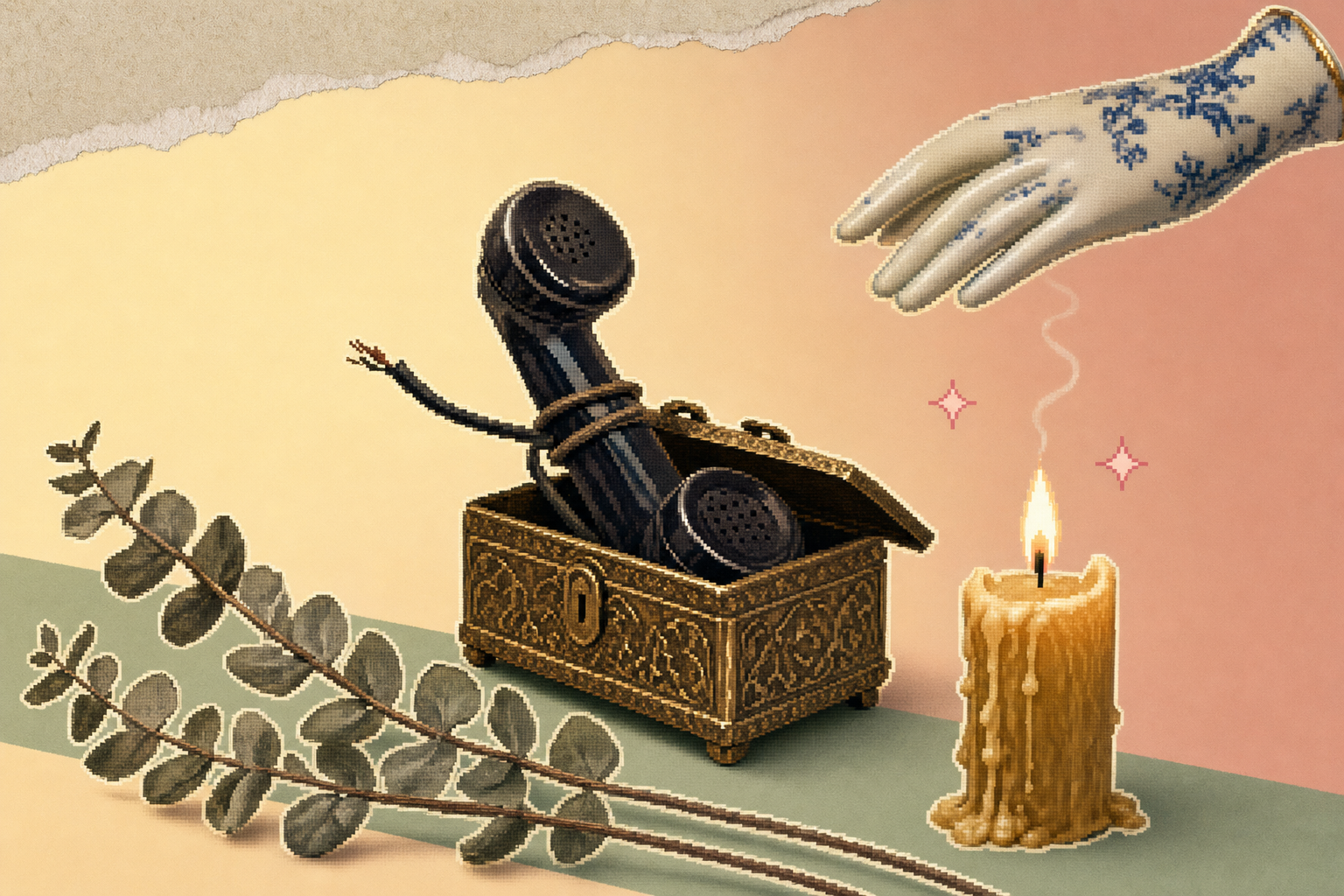 Editorial collage of a vintage rotary phone receiver, a small lockbox, eucalyptus sprigs and a candle on a pastel pink background — visual metaphor for phone-free dating.