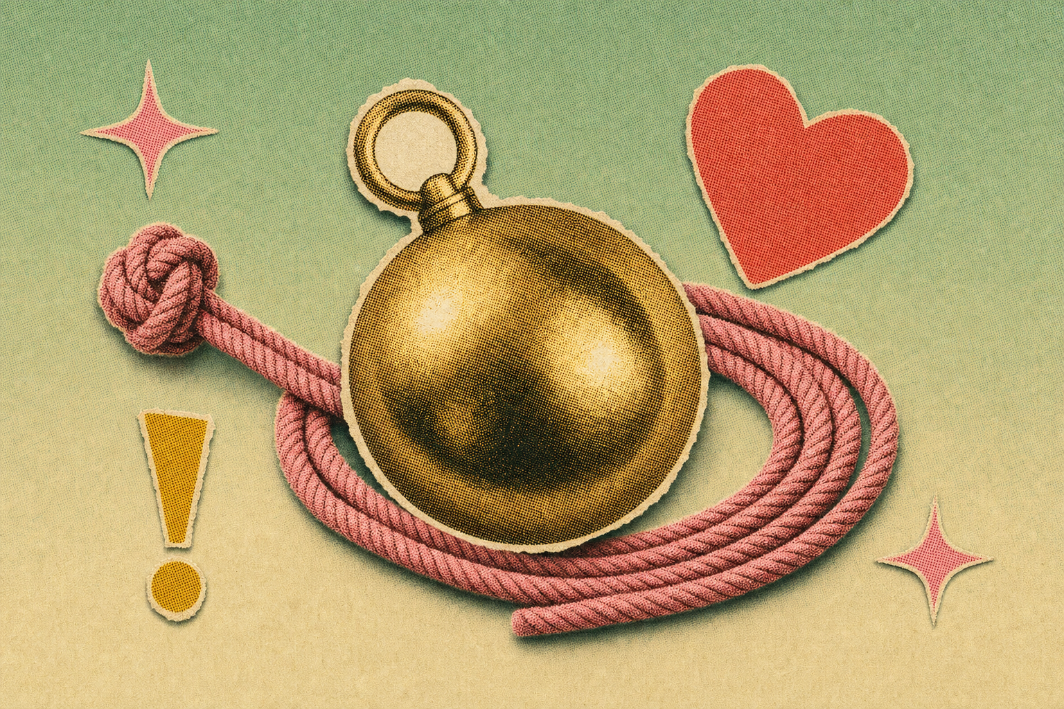 Editorial collage of a single golden weight, a rope coil, and a small heart shape on a soft pastel background.