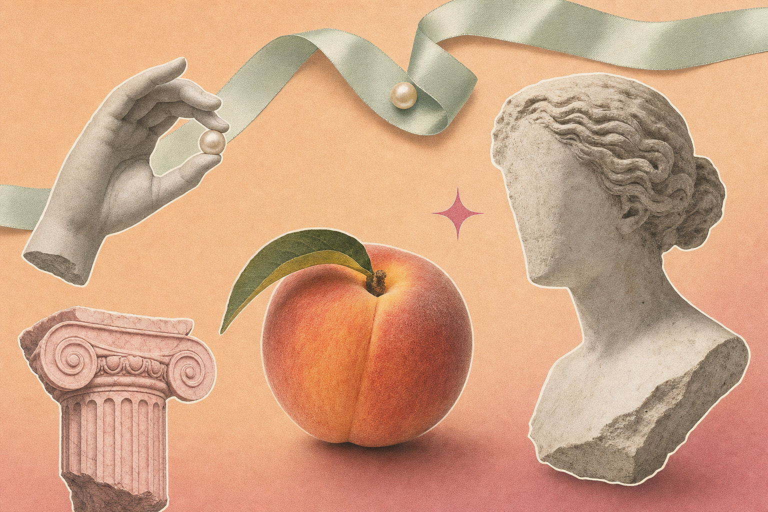 Editorial collage of a whole peach, a marble bust fragment, a sculpted hand pinching a pearl, and a pale mint ribbon on a peach-blush gradient — classical, museum-editorial.