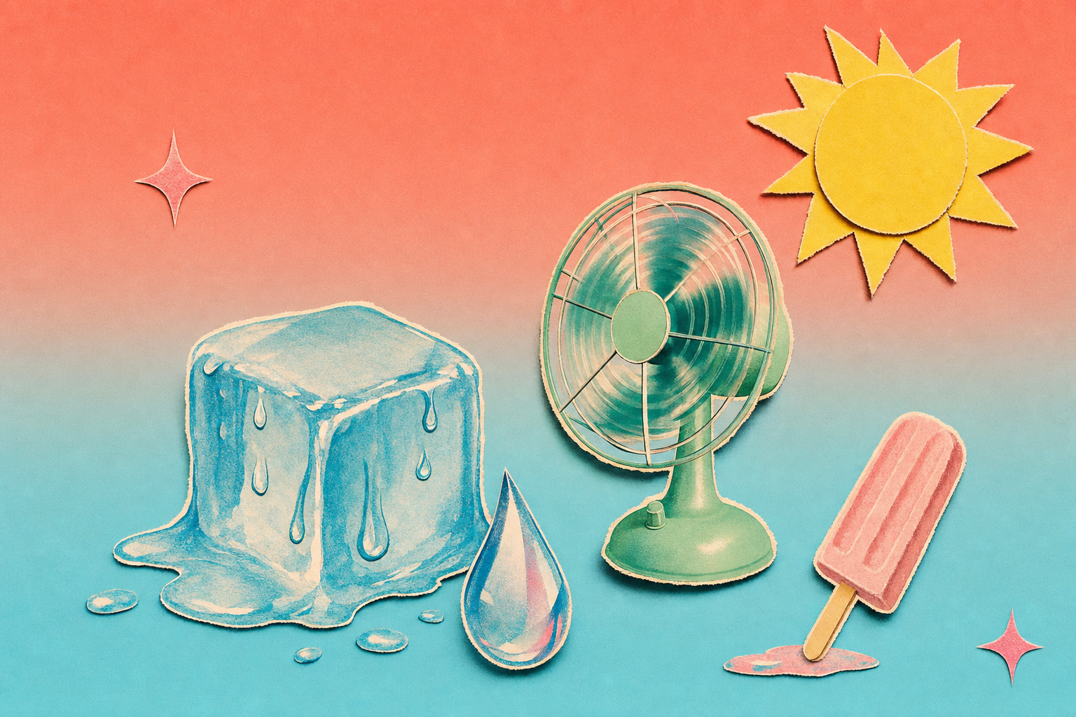 Editorial collage of an ice cube melting beside a paper sun cutout and a small fan, on a pastel pool-blue background.