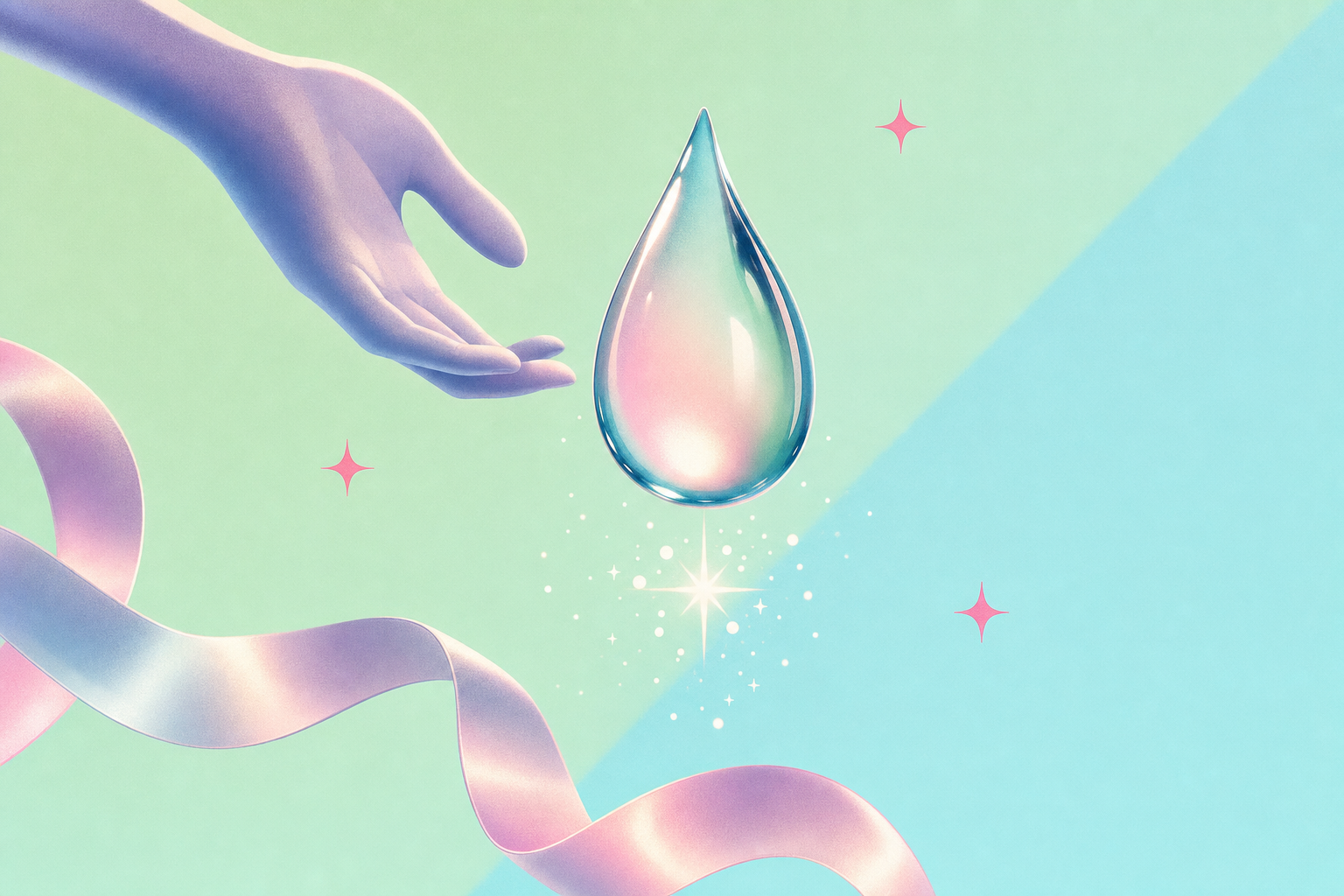Editorial dream-collage with a macro water droplet, eucalyptus branches and a faceless open palm.