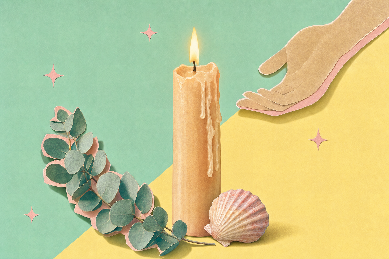 Editorial dream-collage with a candle with melted wax, eucalyptus branches and a faceless hand reaching in.