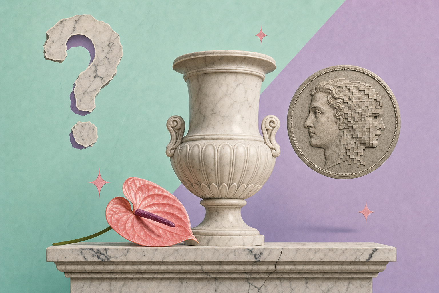 Editorial marble-modern collage with a classical urn, a coin medallion and a question-mark cutout.