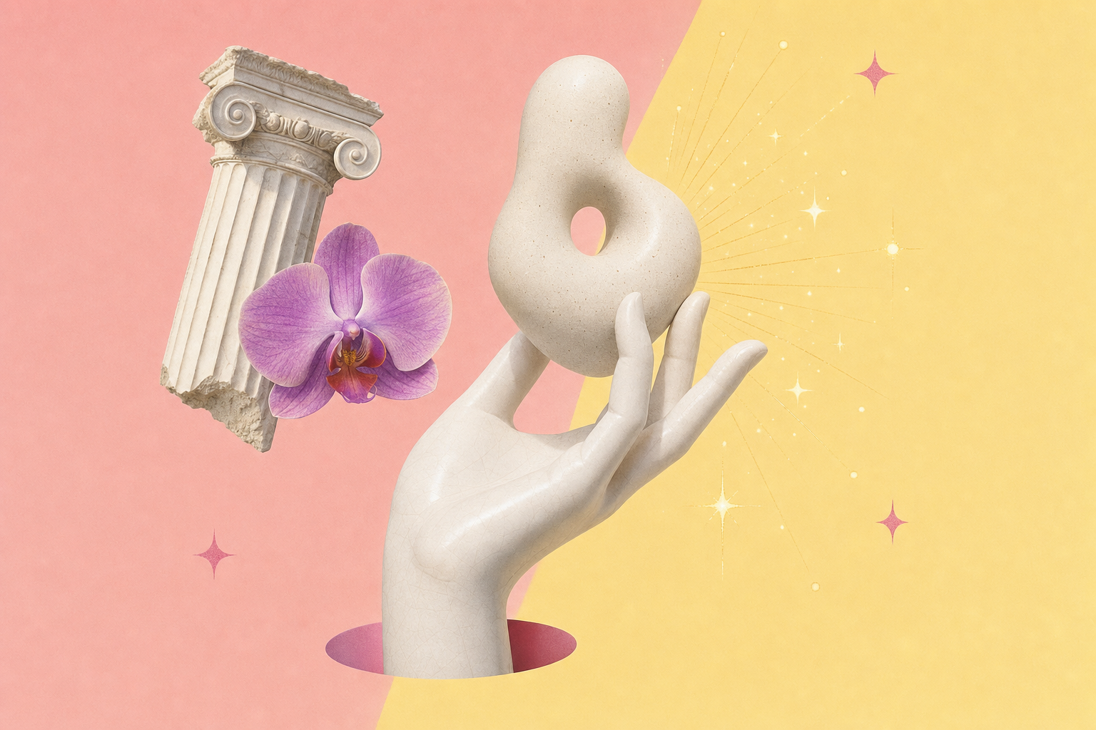 Editorial collage of a porcelain hand and a marble fragment with a single orchid against pastel blocks.