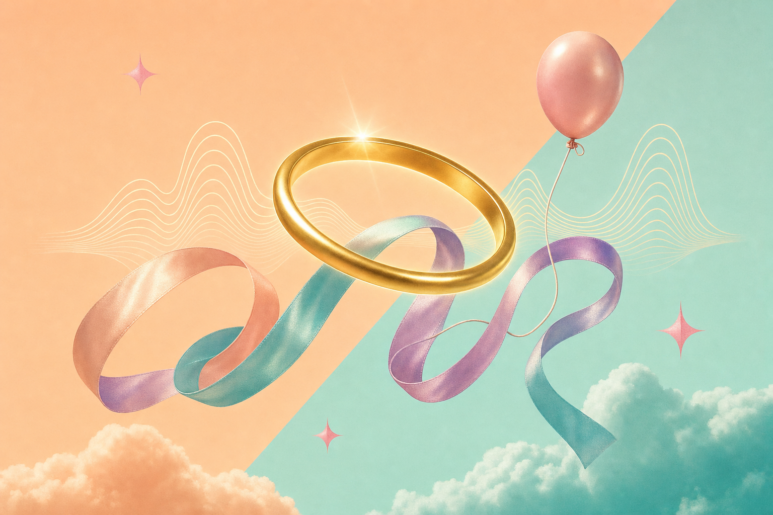 Editorial dream-collage with a halo ring, silk ribbons and a balloon against pastel blocks.