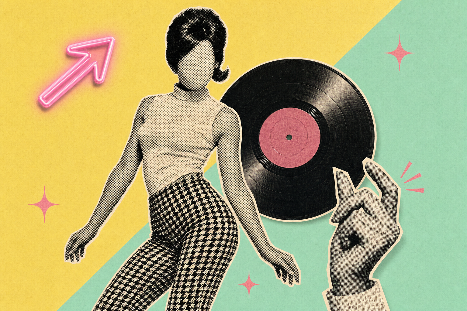 Editorial halftone collage of a vintage record, fingers snapping and a single neon arrow.