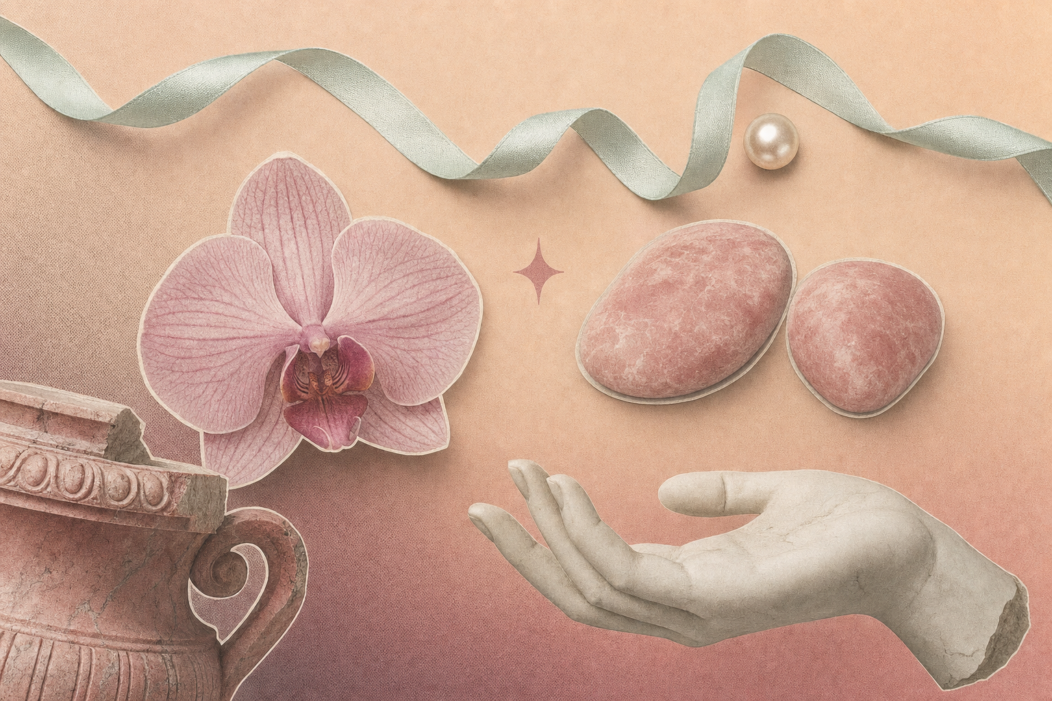 Editorial collage of two small marble pebbles, a single orchid, a faceless porcelain hand and a thin mint ribbon on a peach-blush gradient — calm, classical.