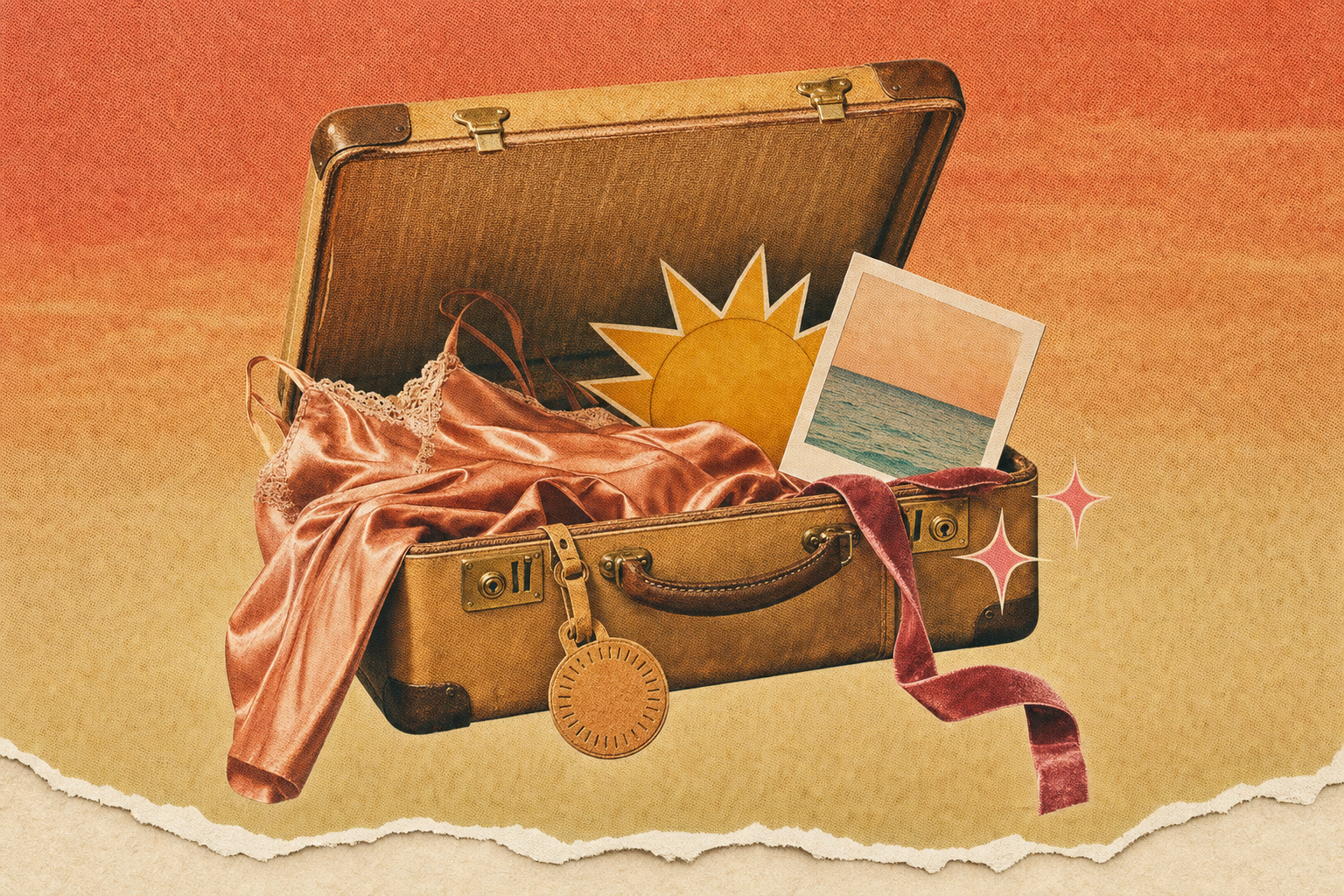 Editorial collage of a vintage suitcase with a paper sun, a polaroid, and a small ribbon — summer travel mood.