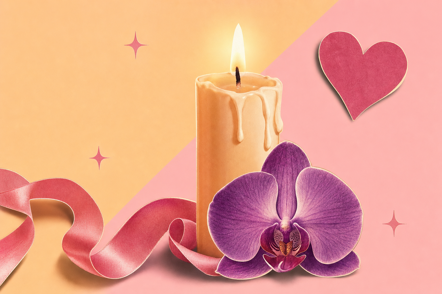 Editorial dream-collage with a candle with melted wax, an orchid and a single heart shape.