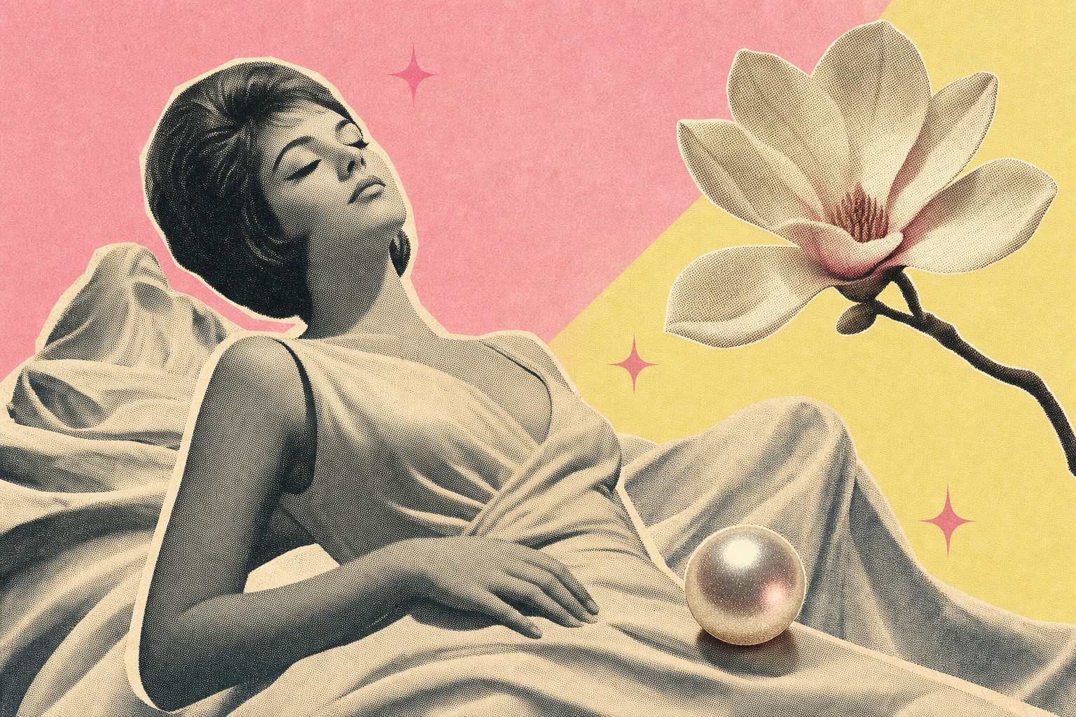 Editorial halftone collage of a 1960s figure, soft plaster drapery, a single magnolia bloom and a pearl.
