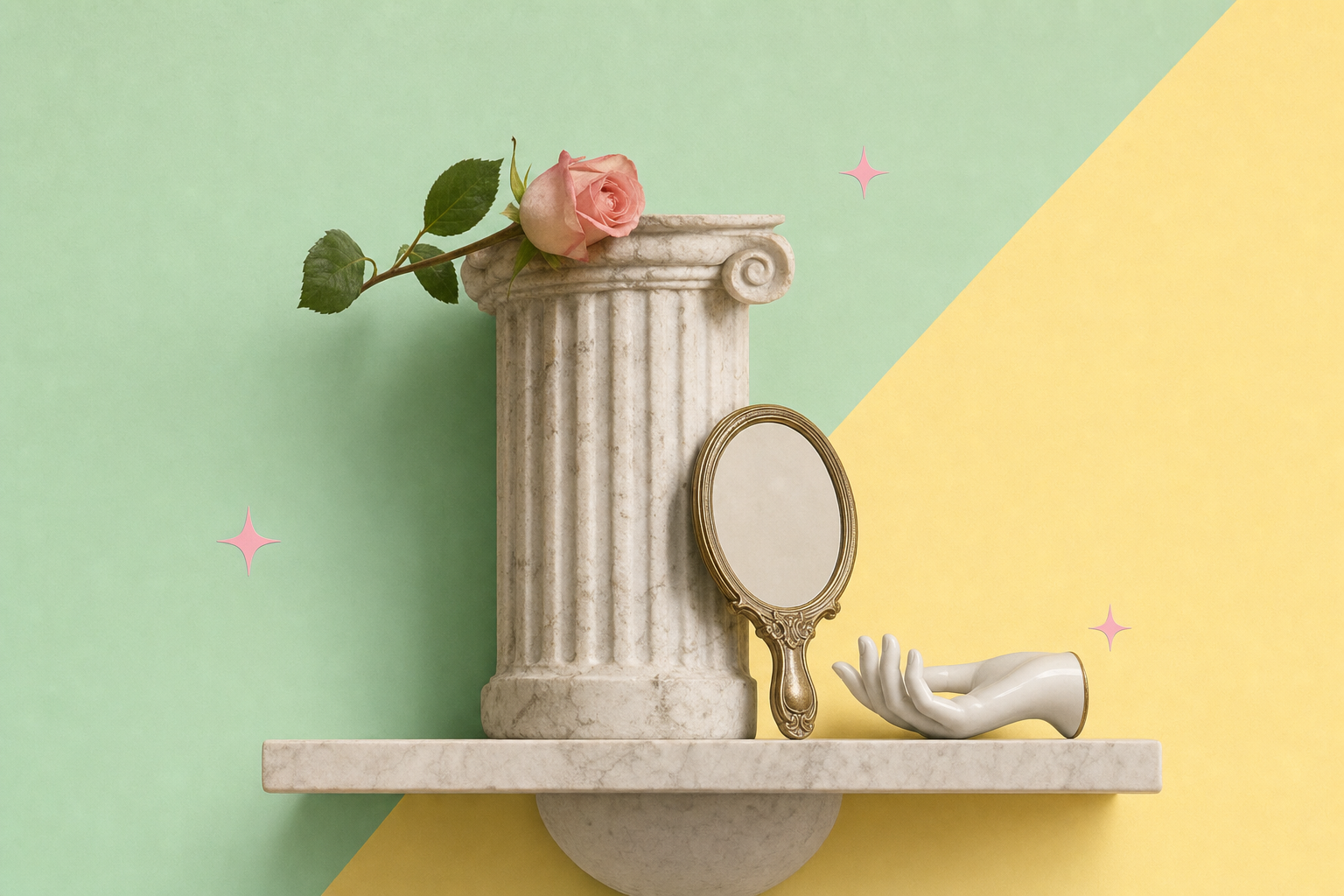 Editorial marble-modern collage with a small marble fragment, a rose and a vintage hand-mirror on pastel blocks.