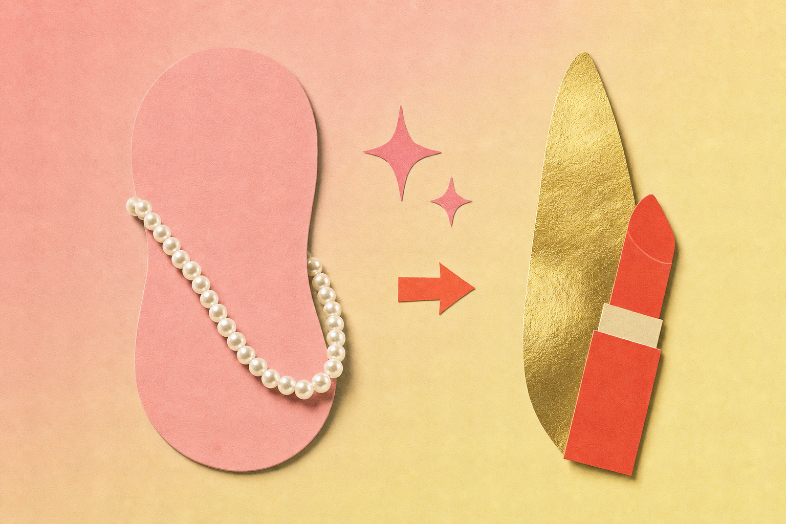 Editorial collage of two abstract pink and gold curved shapes side by side, one round and one elongated, with a soft sparkle accent.