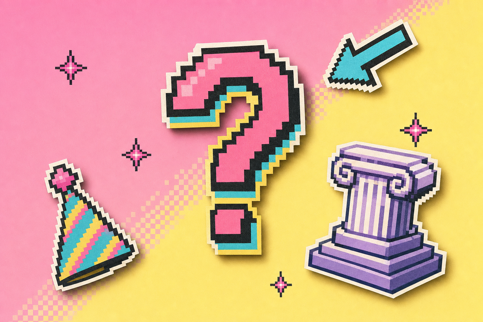 Editorial pixel-satire collage with a pixel question-mark cutout, a tiny party-hat and a marble fragment.