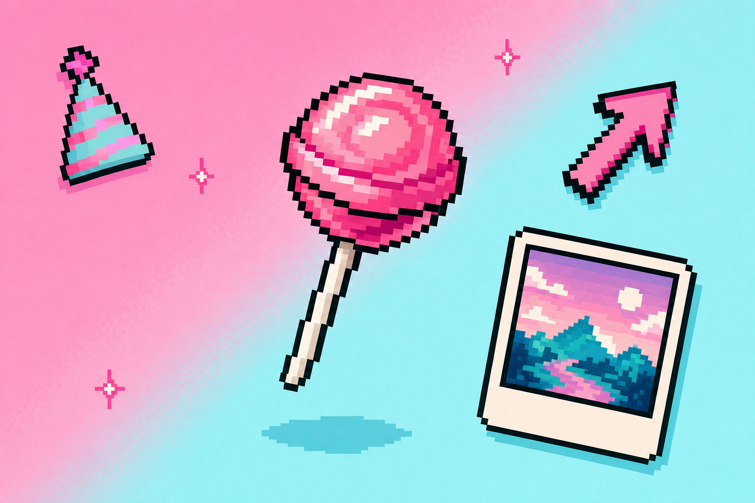 Editorial pixel-satire collage with a pixel-art lollipop, a polaroid frame and a small arrow.