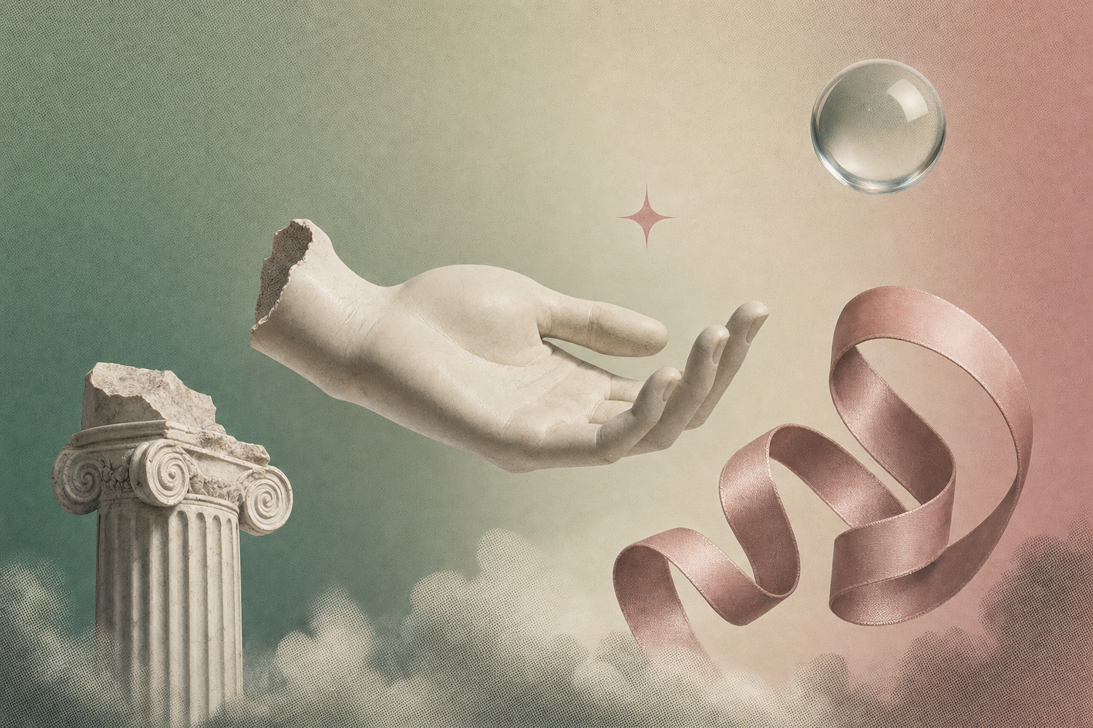 Editorial collage about sex toy material safety — a porcelain hand fragment, a marble column piece, a small ribbon, and a quiet pink sparkle on a sage-and-cream pastel gradient.