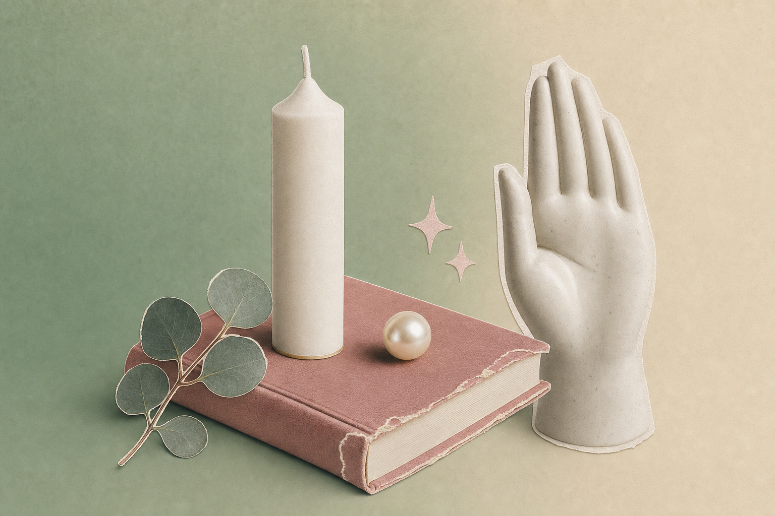 Editorial collage of a single white candle, a closed book, and a small pearl on a soft pastel background with a sparkle accent.