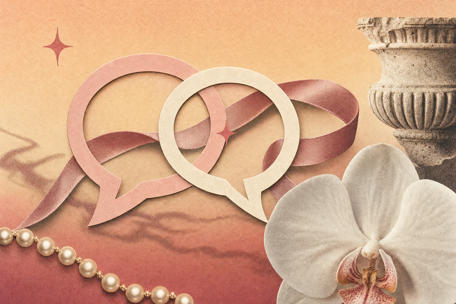 Editorial collage about borrowed language and shared joy — two overlapping speech bubble outlines, a coiled pink ribbon, a single orchid bloom and a soft pink sparkle on a peach-and-cream pastel gradient.