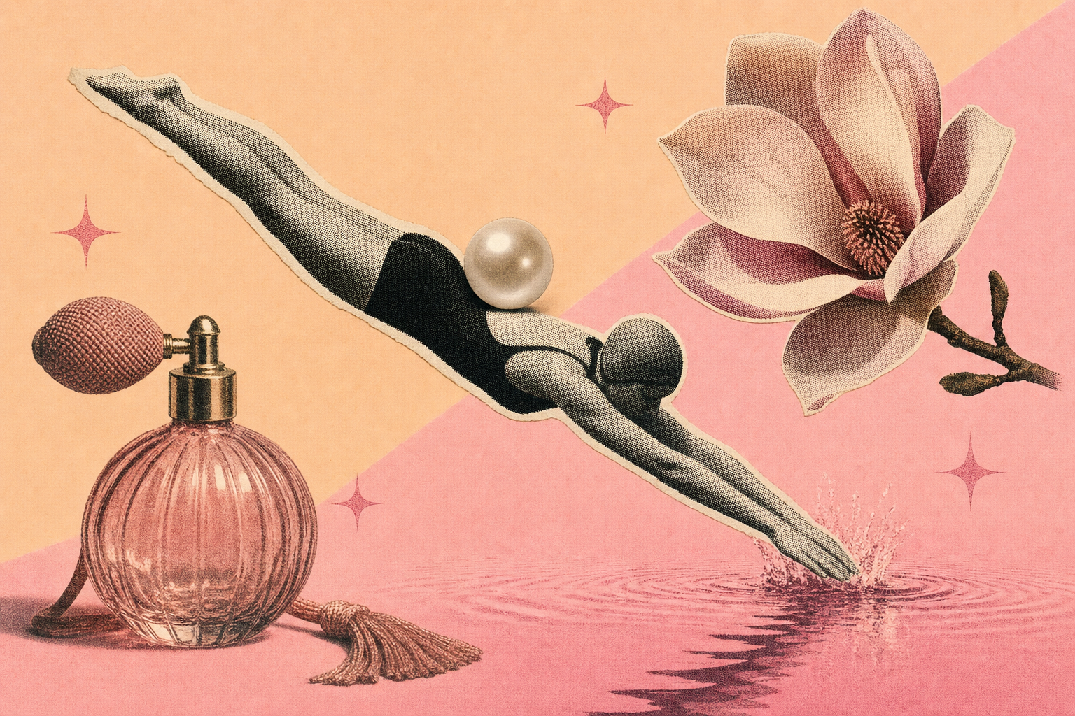 Editorial halftone collage of a 1960s swimmer with a perfume bottle, a single pearl and a magnolia bloom.