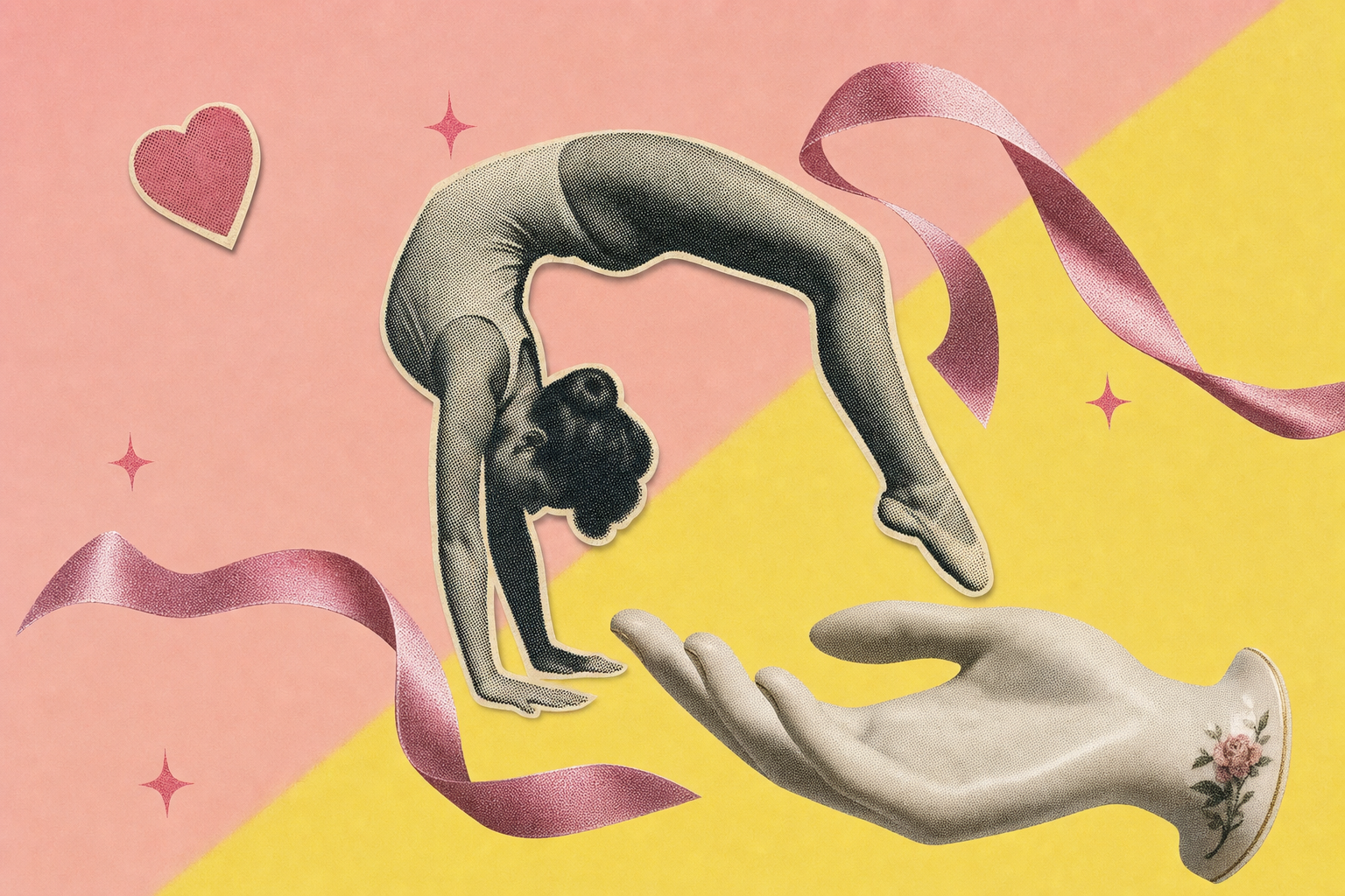 Editorial halftone collage of a 1960s gymnast in a backbend with silk ribbons and a small heart shape.