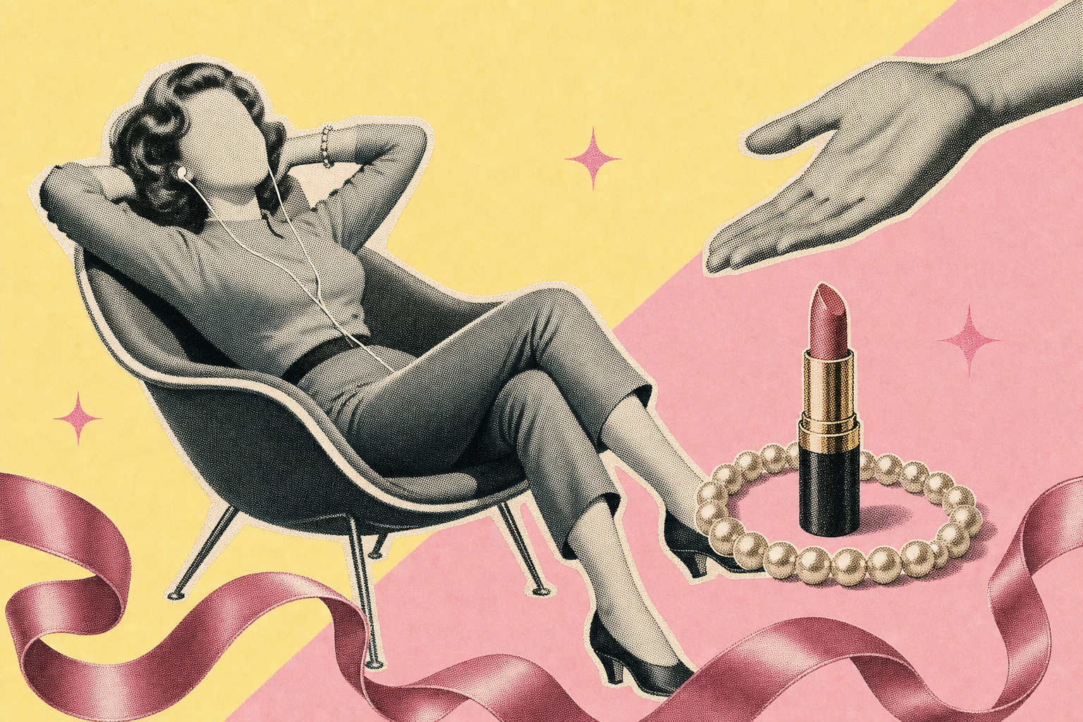 Editorial collage of a 1960s magazine cutout silhouette resting on pastel blocks with paraphrased decorative objects.