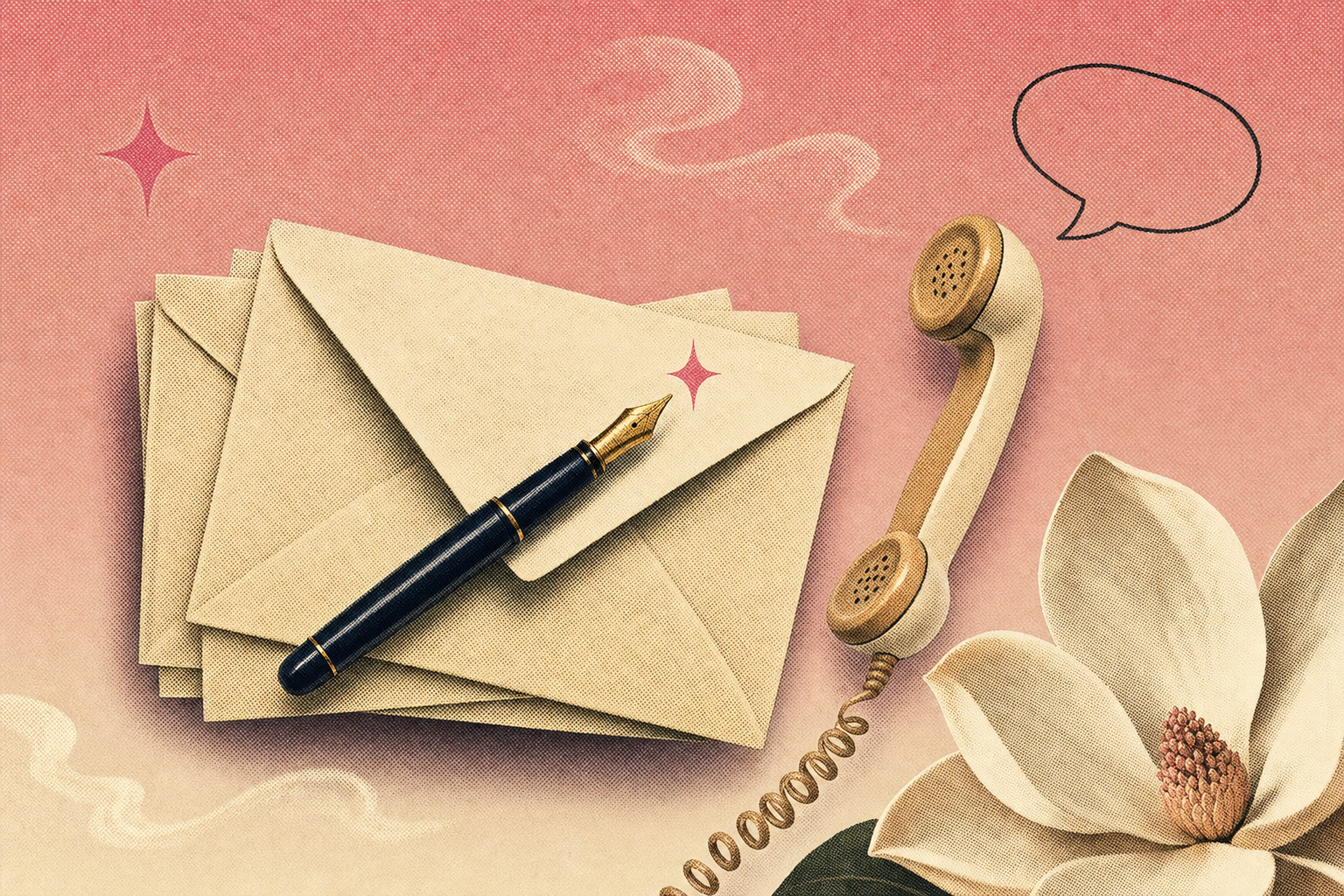 Editorial collage for a letters-style relationship post — a stack of pale envelopes, a fountain pen, a rotary phone receiver, a single magnolia bloom and a soft pink sparkle on a dusty-rose-to-cream gradient.
