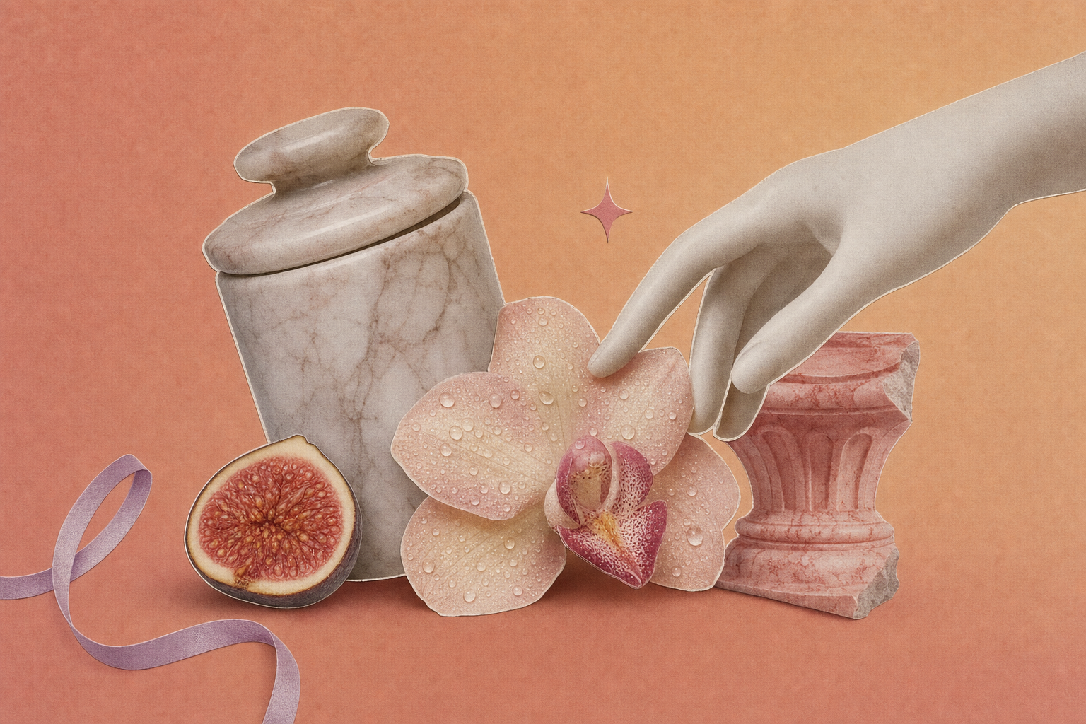 Editorial collage of a pastel pill bottle, a soft orchid, and a tiny pink sparkle on a peach gradient background — gentle, calm, non-clinical.