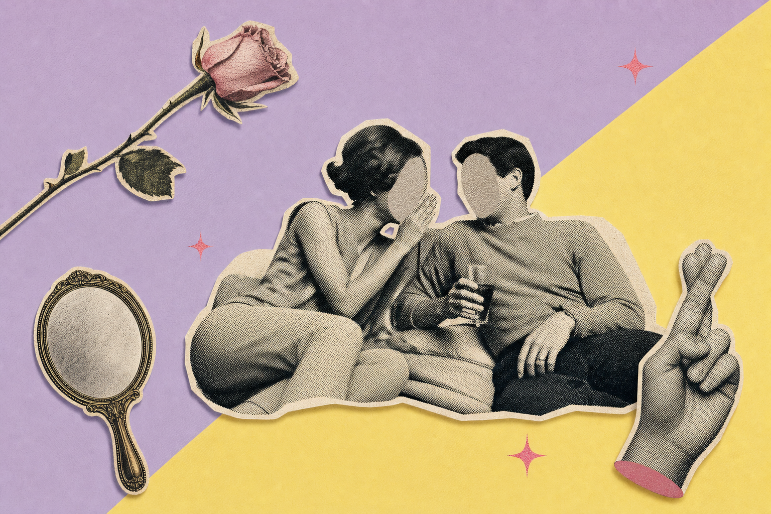 Editorial halftone collage of two figures lounging with a vintage hand-mirror and a single rose.