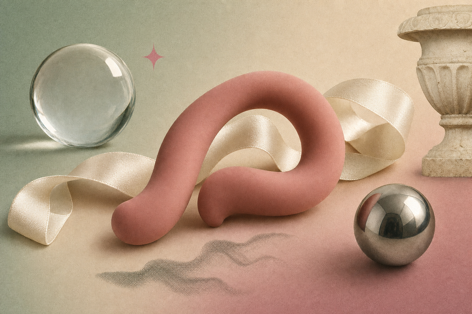 Editorial collage comparing three toy materials — a polished glass orb, a curved silicone form, and a steel sphere arranged on a sage-and-blush gradient with a single pink sparkle.