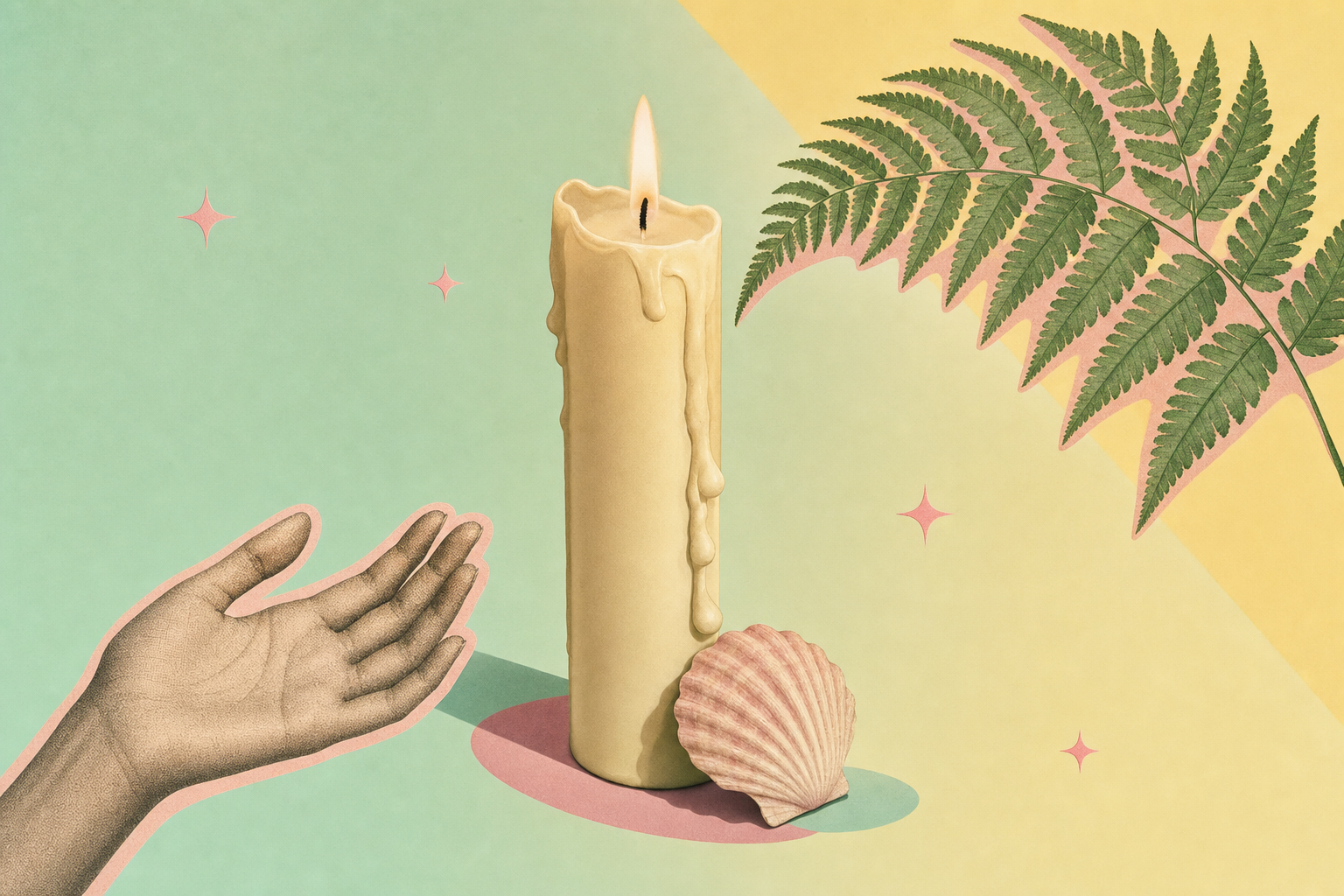 Editorial dream-collage with a candle with melted wax, a fern frond and a faceless open palm.