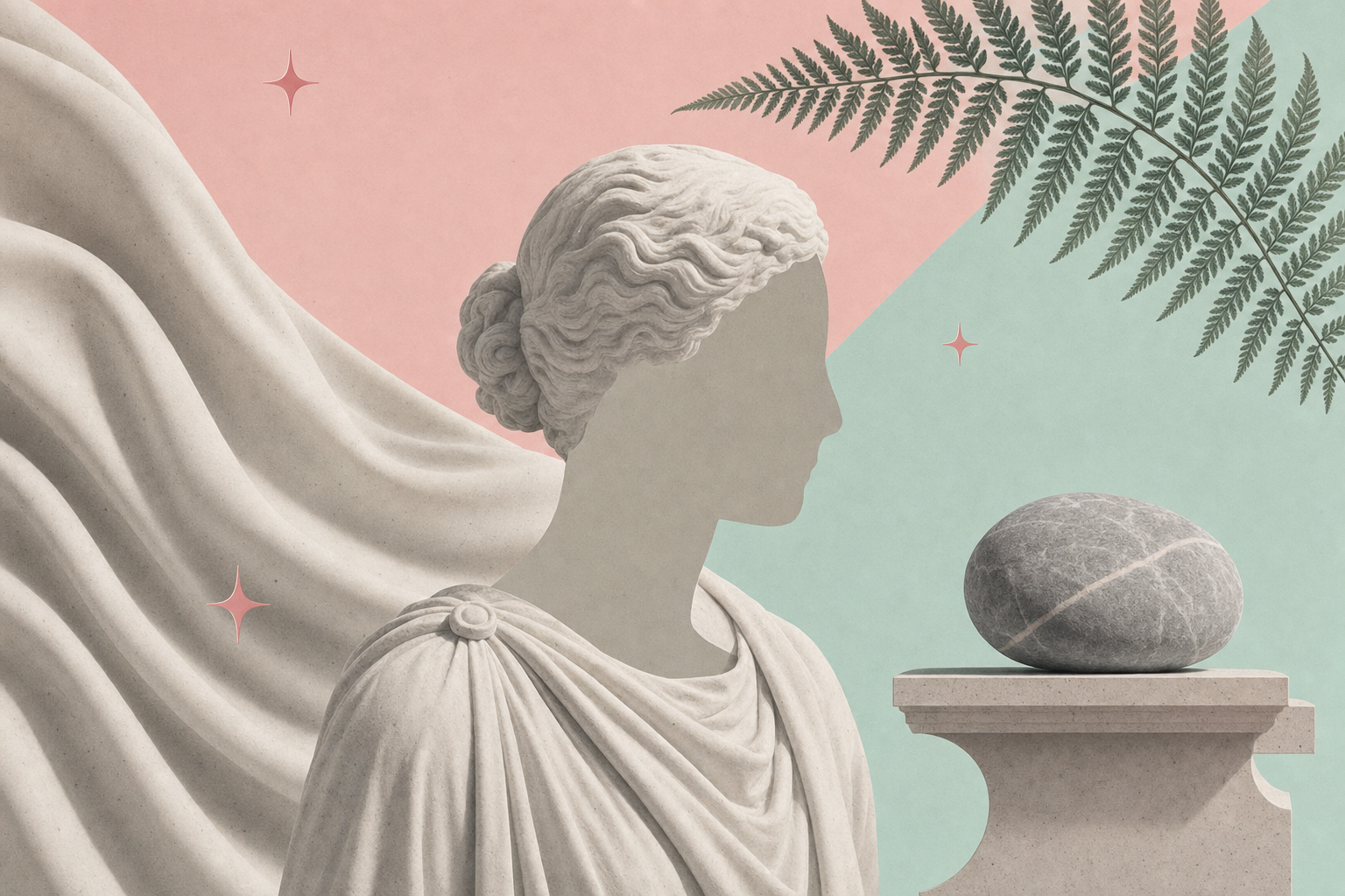 Editorial marble-modern collage with a faceless greek bust silhouette, soft drapery and natural textures.
