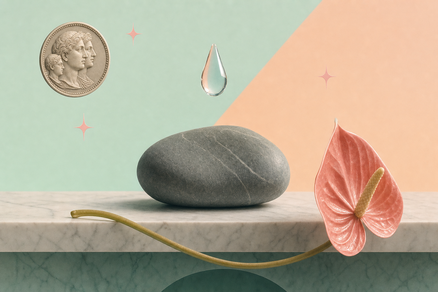Editorial marble-modern collage with a smooth river stone, a small marble medallion and a single anthurium.