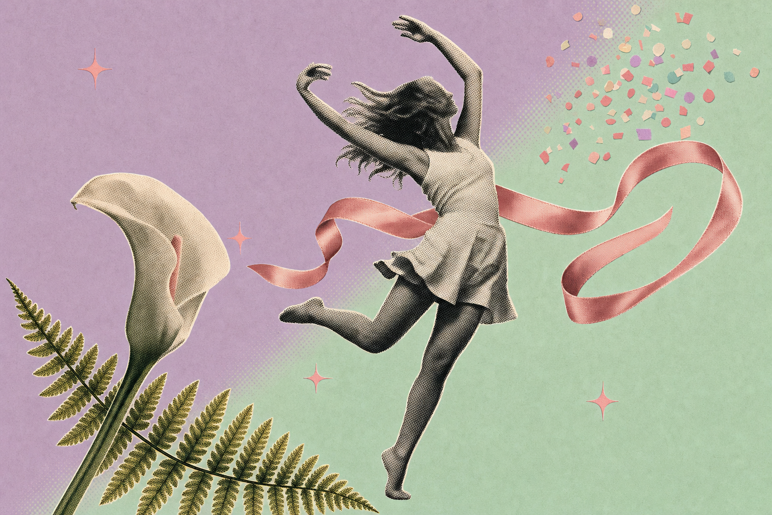 Editorial collage with a vintage halftone dancer mid-motion against pastel color blocks with botanical accents.