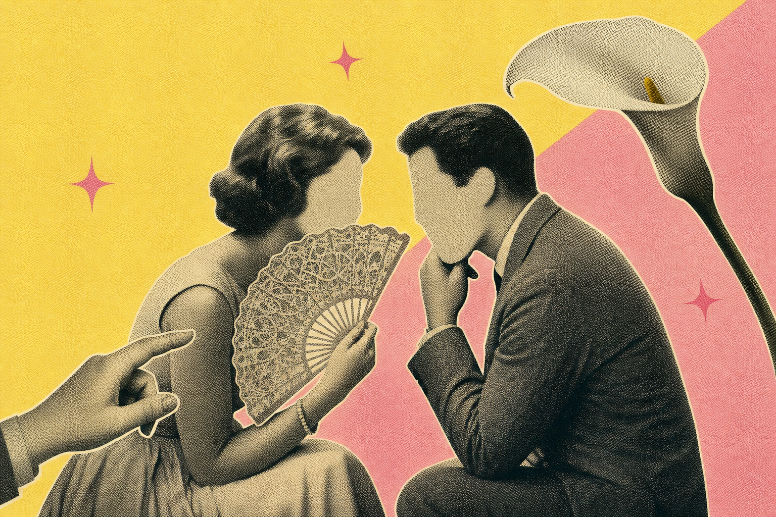 Editorial halftone collage of two figures in close conversation, a lace fan and a hand pointing.