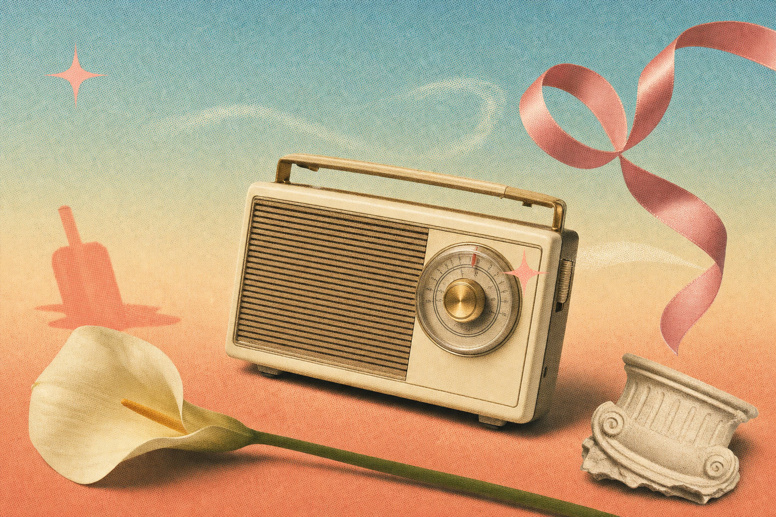 Editorial collage for a Memorial Day weekend couples post — a vintage transistor radio, a coiled pink ribbon, a calla lily and a soft sparkle, on a sky-blue-to-coral pastel gradient.
