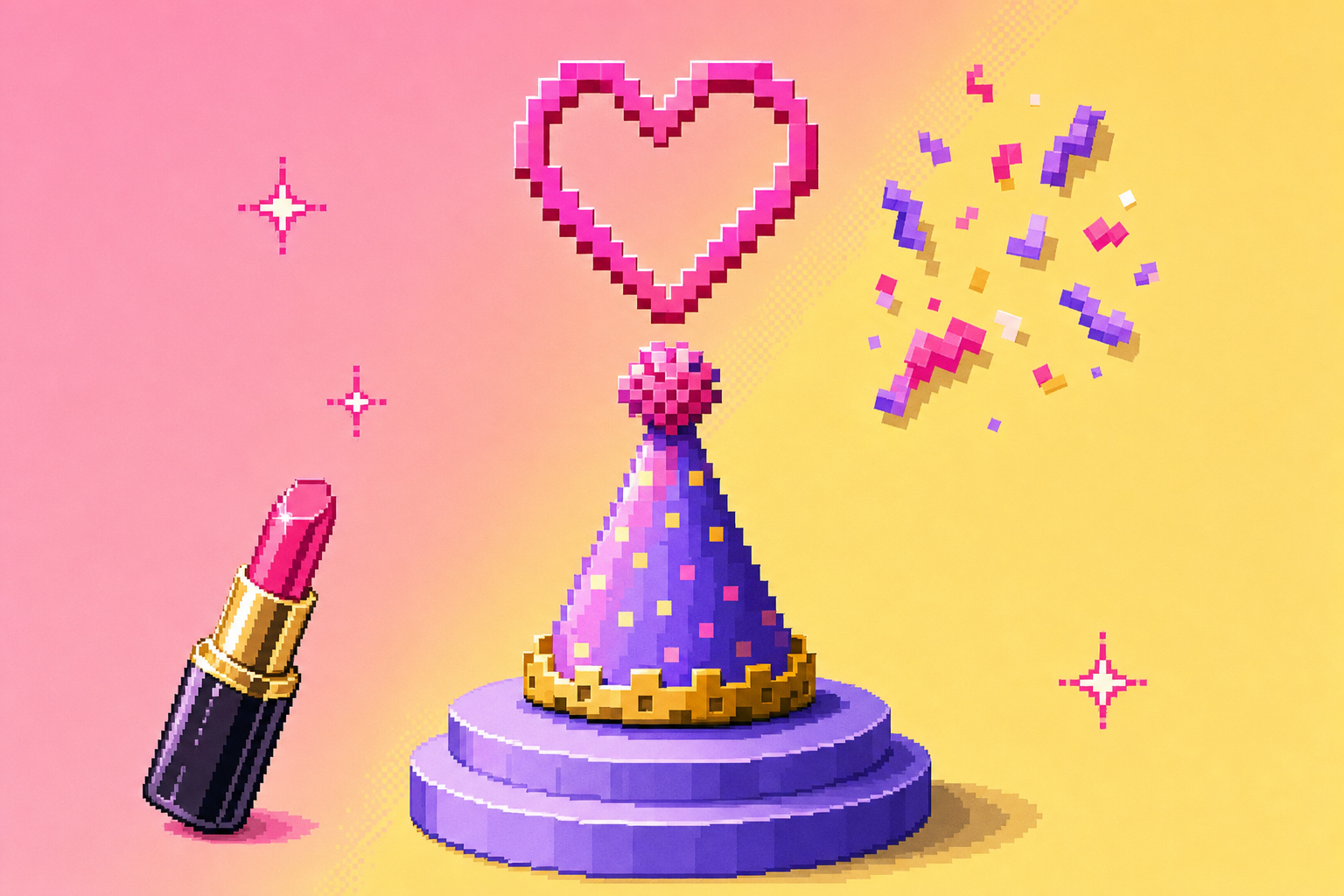 Editorial pixel-satire collage with a pixel-art party hat, a heart cutout and a pixel lipstick tube.