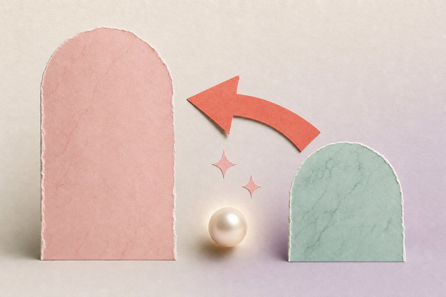 Editorial collage of two pastel arcs and a small pearl, with a coral arrow, on a soft cream background.