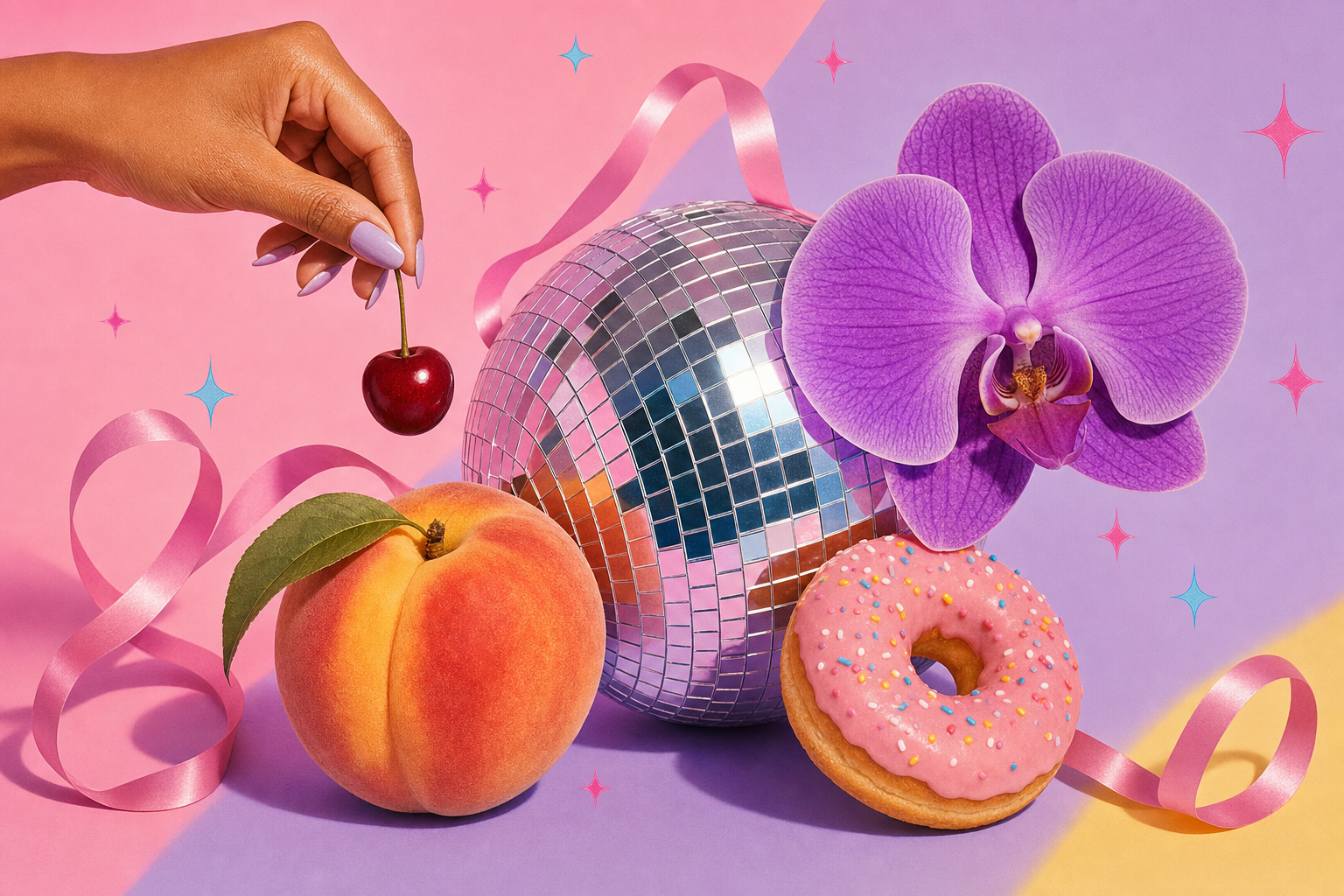 Editorial collage celebrating Pride pleasure in pastel pinks and lavenders with paraphrased fruit and confetti elements.