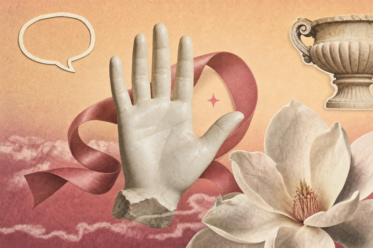 Editorial collage about touch and intimacy — a porcelain hand fragment with palm open, a coiled silk ribbon, a small magnolia bloom and a soft pink sparkle on a peach-to-cream pastel gradient.