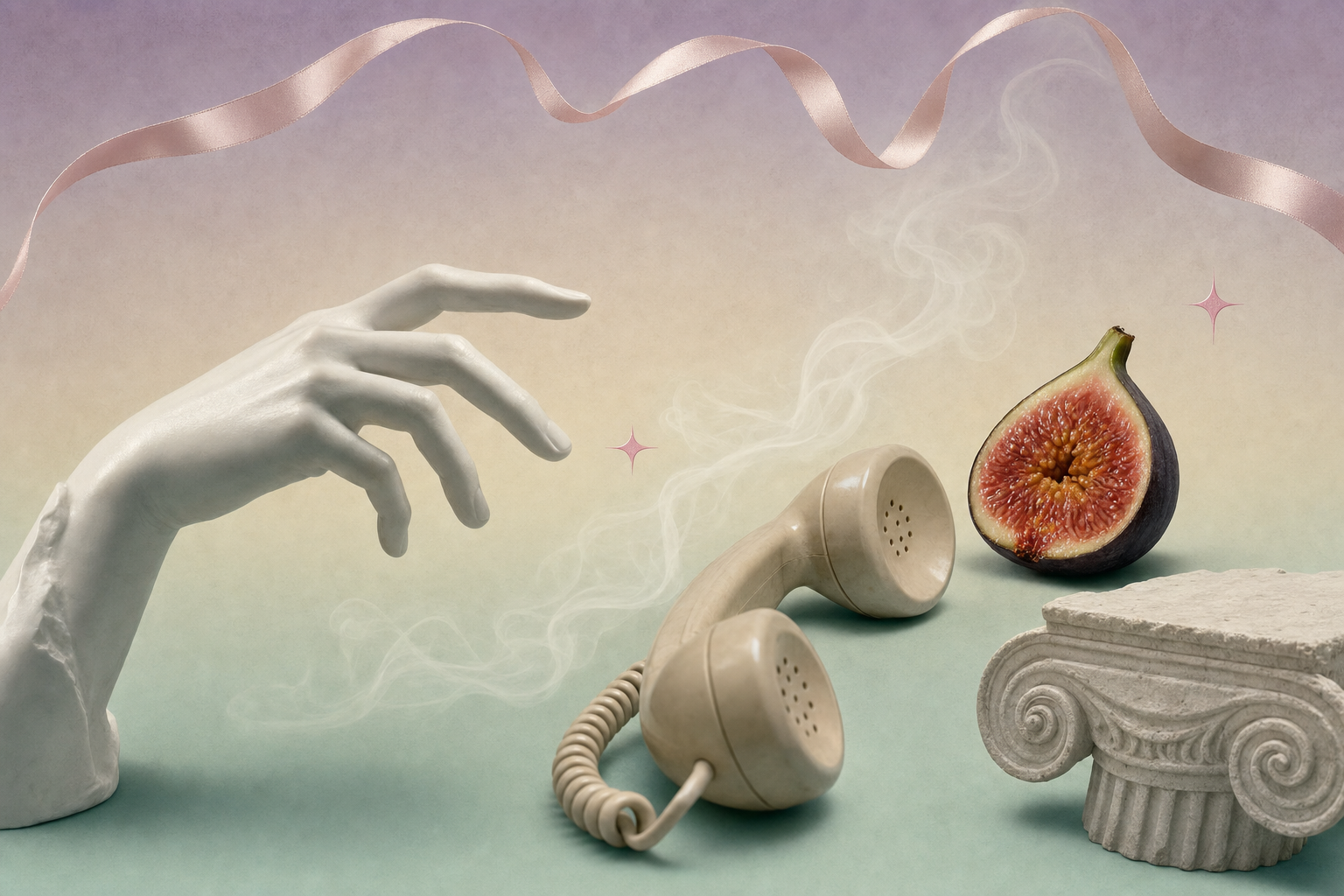Editorial collage of a porcelain hand reaching past a vintage phone receiver toward a fig, on a dusty-lilac-to-pale-mint gradient — a quiet visual of attention competing with desire.