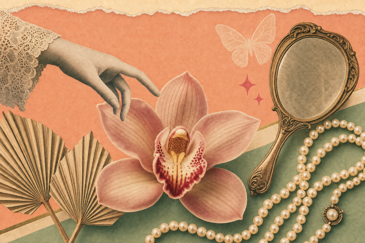Editorial collage with an orchid bloom, a pearl necklace, a vintage hand-mirror, two crossed dried palm leaves, and a porcelain hand reaching across a soft coral and sage gradient — visual metaphor for intimate wellness after 50.