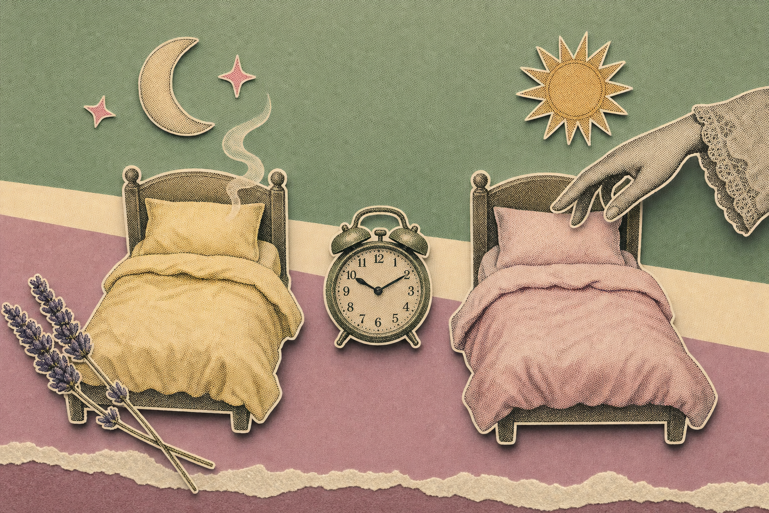 Editorial collage of two small twin beds with separate moon-and-cloud motifs, a vintage alarm clock between them, dried lavender sprigs and a porcelain hand — visual metaphor for couples sleeping apart but staying connected.