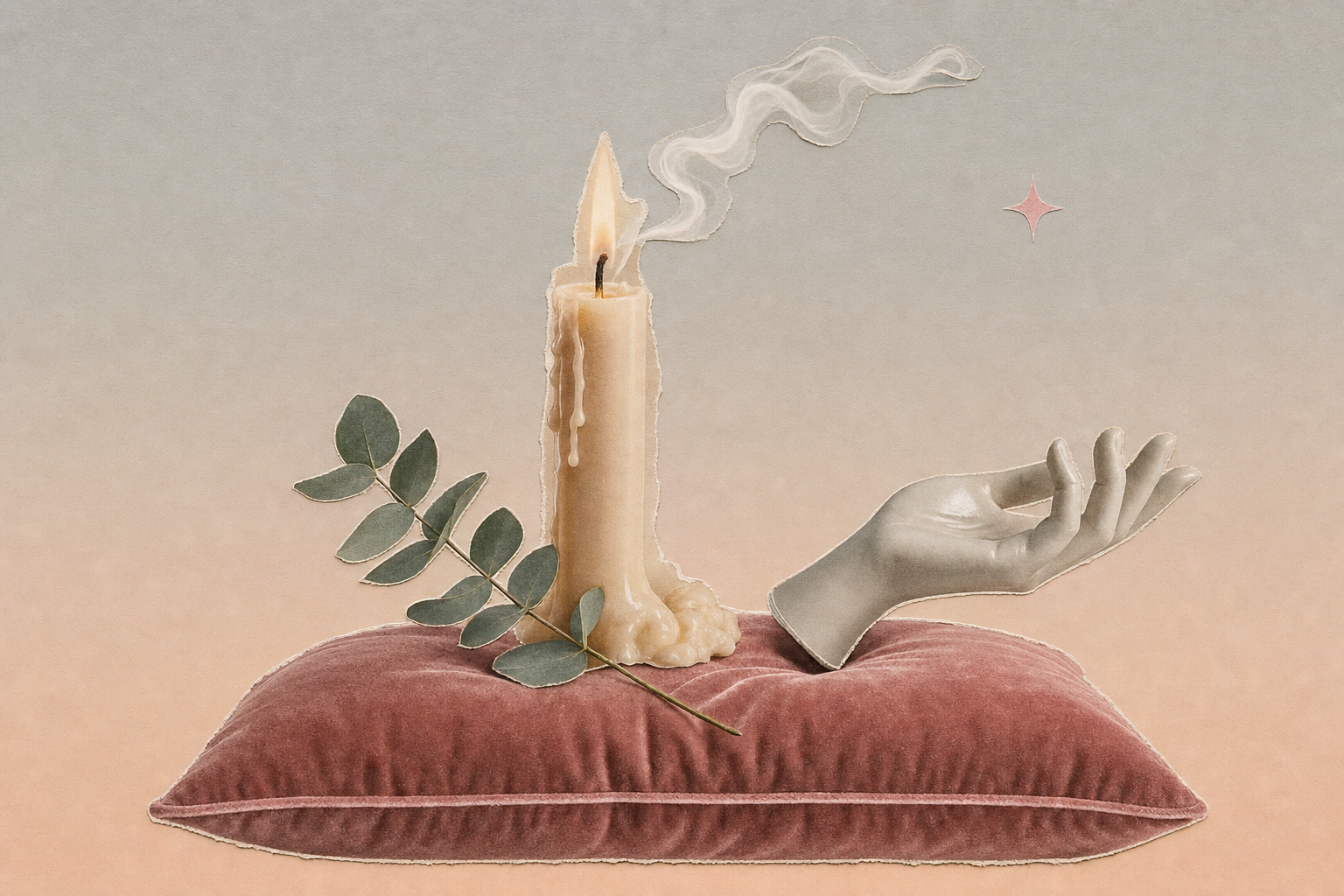 Editorial collage of a slow-melting candle, a velvet pillow, and a curling smoke wisp — slow, sensory mood.