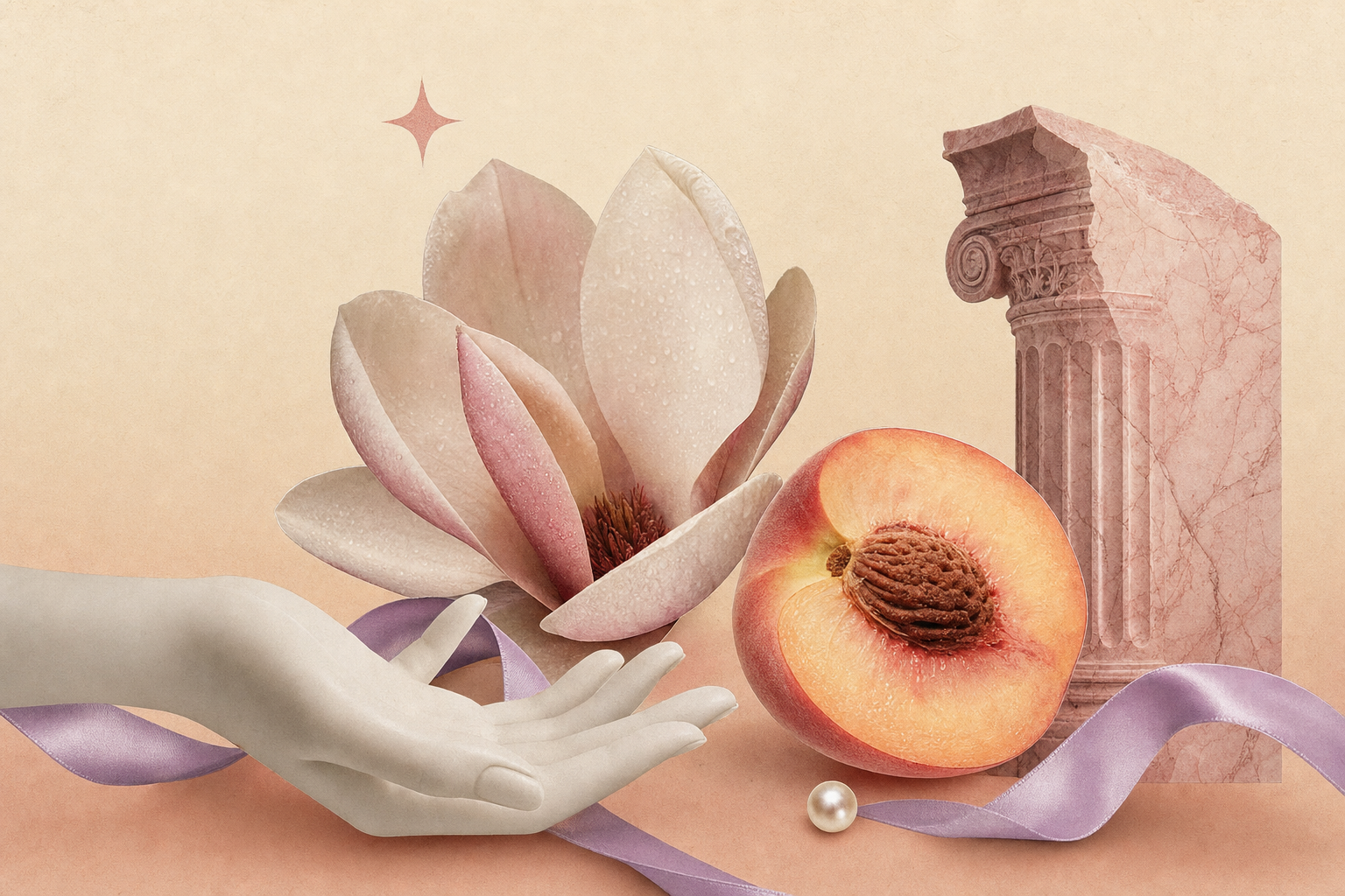 Editorial collage of a marble peach, a faceless porcelain hand, a dewy magnolia bloom and a thin silk ribbon on a soft cream-to-blush gradient — quiet, restorative, magazine-style.