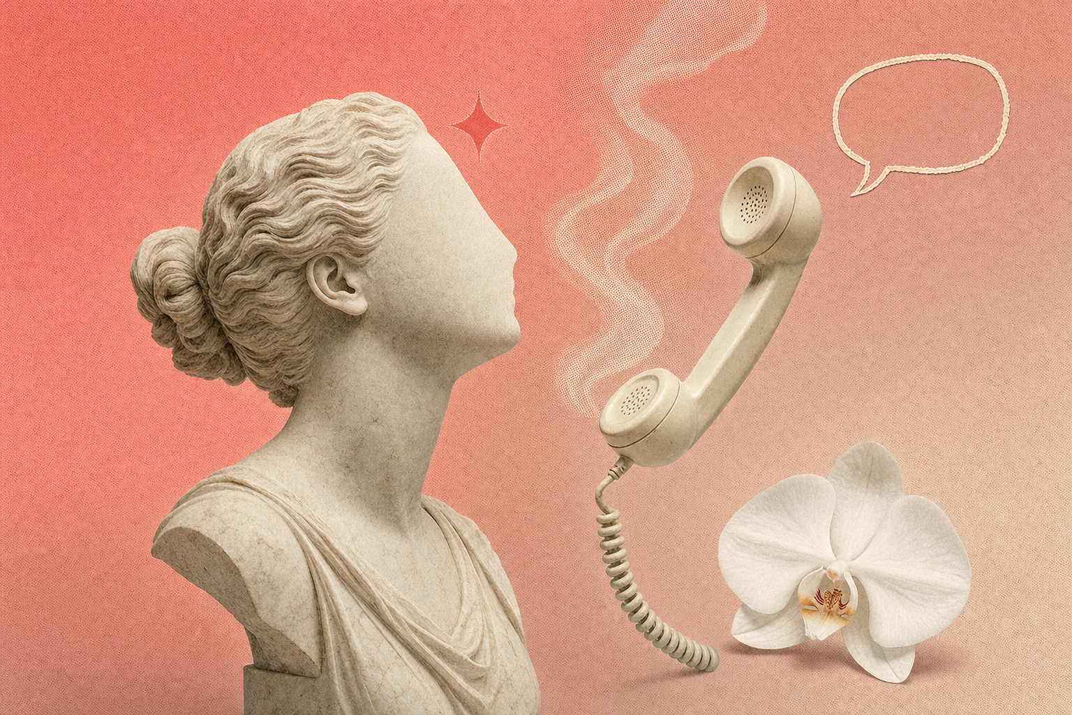 Editorial collage symbolizing the 2026 solo-sex data — a marble bust profile, a vintage rotary phone, a single orchid bloom and a pink sparkle on a pastel coral-to-blush gradient.