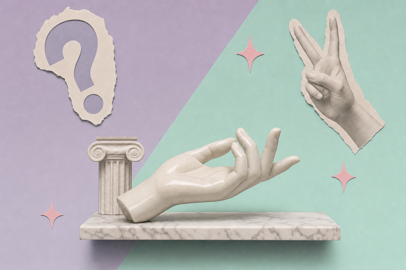 Editorial marble-modern collage with a porcelain hand, a peace-sign hand and a question-mark cutout.